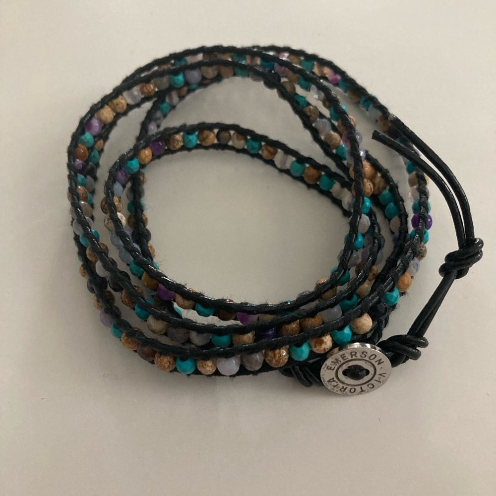 Victoria Emerson Teal Cream Black Leather Wrap Bracelet